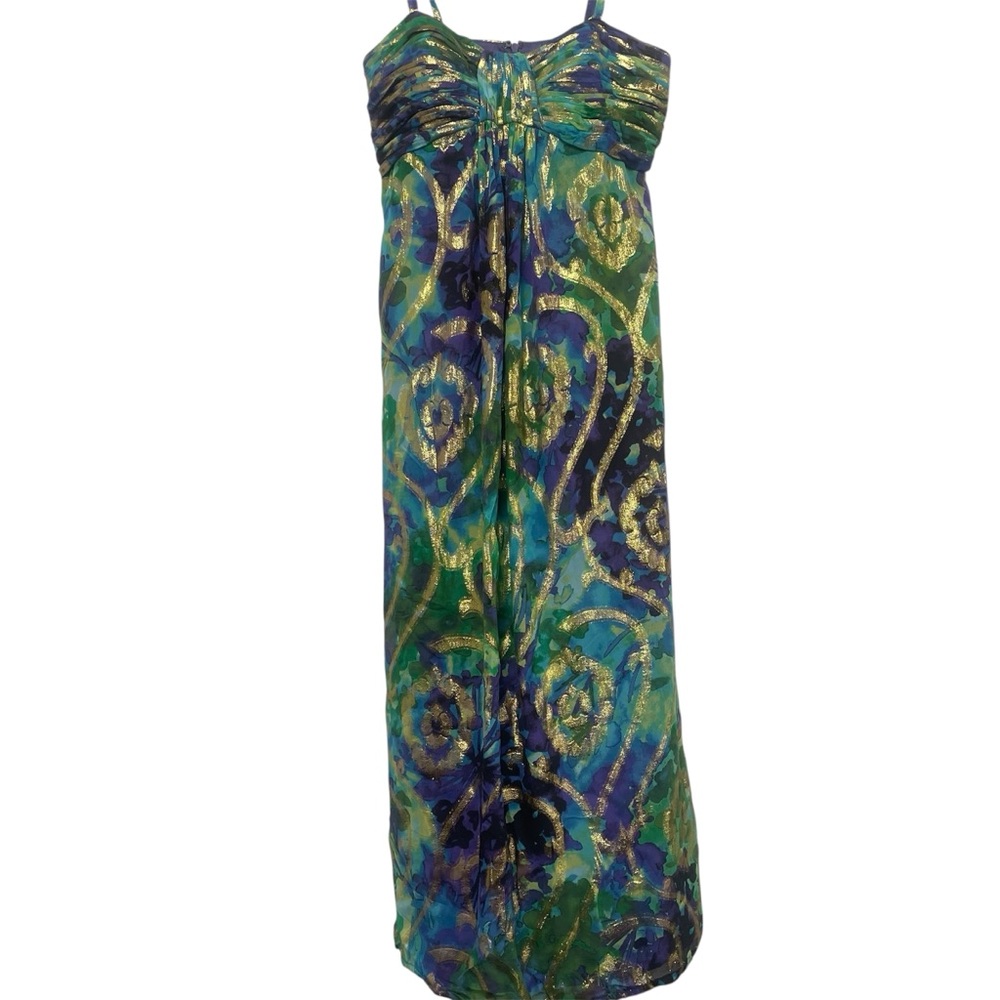 Oleg Cassini Green Purple and Gold Spaghetti Strap Maxi Dress